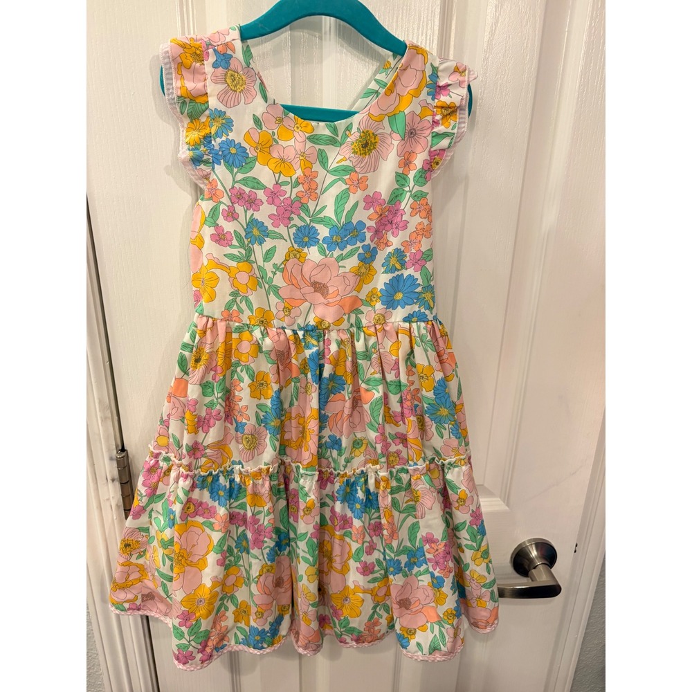 Rare Editions Floral Dress Pink Blue Yellow Tiered Ruffle Bow Back Party Gown